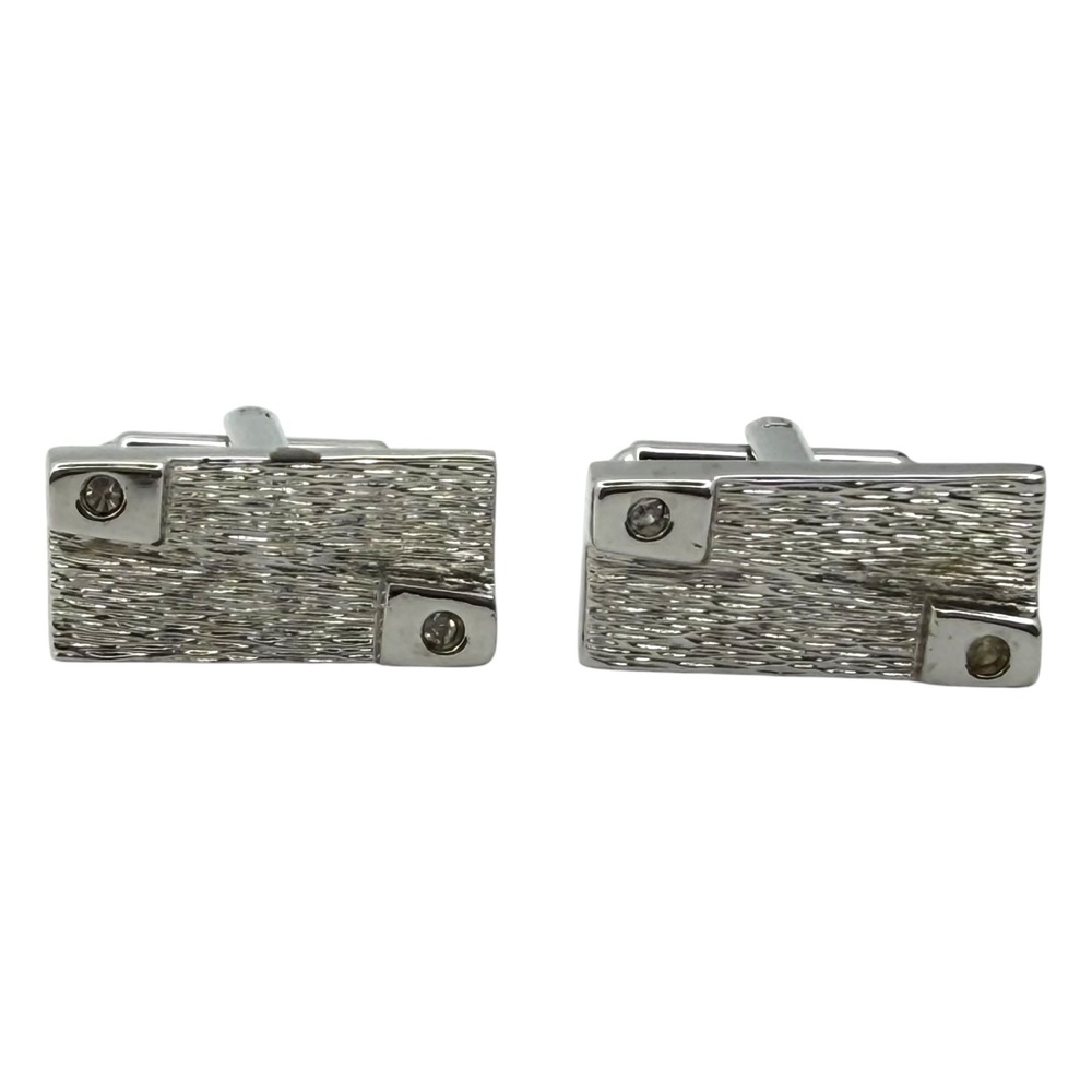 Hickok Cufflinks Silver Tone Textured Bark Rhinestone Rectangular USA